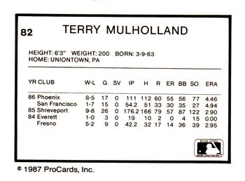 1987 ProCards #82 Terry Mulholland Back