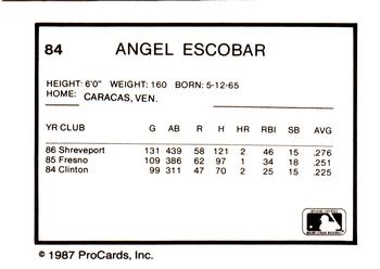 1987 ProCards #84 Angel Escobar Back