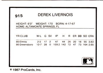1987 ProCards #915 Derek Livernois Back