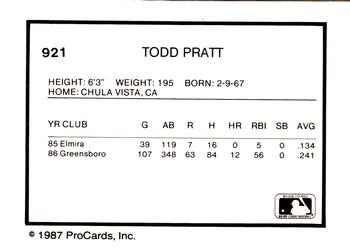 1987 ProCards #921 Todd Pratt Back