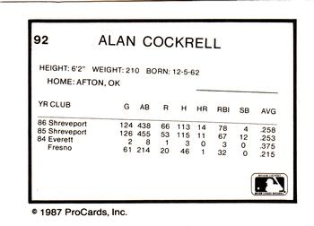 1987 ProCards #92 Alan Cockrell Back