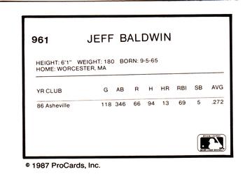 1987 ProCards #961 Jeff Baldwin Back