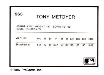 1987 ProCards #963 Tony Metoyer Back