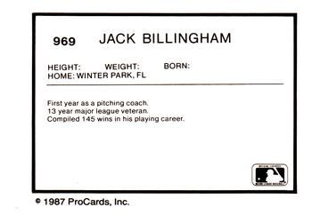 1987 ProCards #969 Jack Billingham Back
