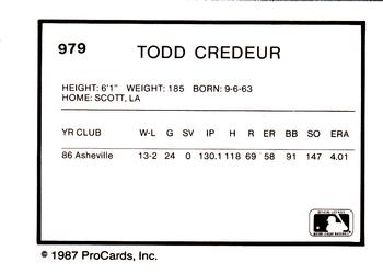 1987 ProCards #979 Todd Credeur Back