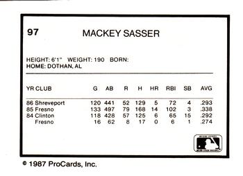 1987 ProCards #97 Mackey Sasser Back