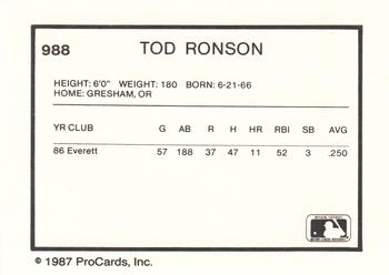 1987 ProCards #988 Tod Ronson Back
