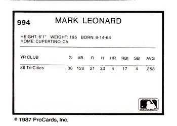 1987 ProCards #994 Mark Leonard Back