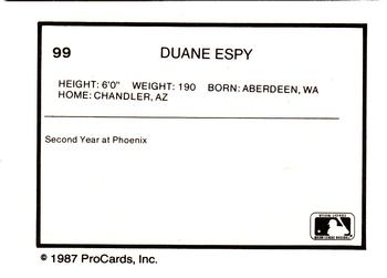 1987 ProCards #99 Duane Espy Back