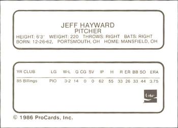 1986 ProCards Tampa Tarpons #NNO Jeff Hayward Back