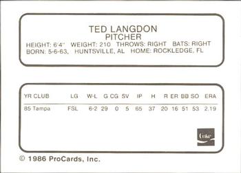 1986 ProCards Tampa Tarpons #NNO Ted Langdon Back