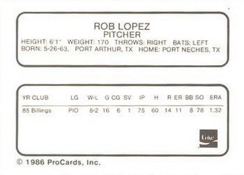 1986 ProCards Tampa Tarpons #NNO Rob Lopez Back