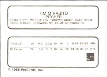 1986 ProCards Tampa Tarpons #NNO Tim Mirabito Back