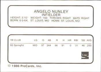 1986 ProCards Tampa Tarpons #NNO Angelo Nunley Back