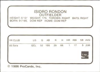 1986 ProCards Tampa Tarpons #NNO Isidro Rondon Back