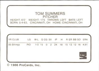 1986 ProCards Tampa Tarpons #NNO Tom Summers Back