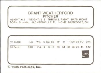 1986 ProCards Tampa Tarpons #NNO Brant Weatherford Back