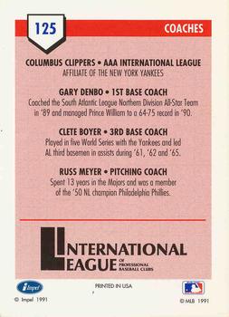 1991 Line Drive AAA #125 Gary Denbo / Clete Boyer / Russ Meyer Back