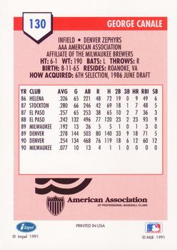 1991 Line Drive AAA #130 George Canale Back