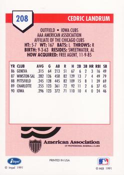 1991 Line Drive AAA #208 Ced Landrum Back