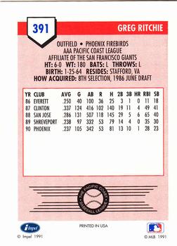 1991 Line Drive AAA #391 Gregg Ritchie Back