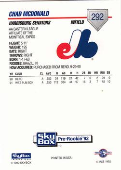 1992 SkyBox Team Sets AA #292 Chad McDonald Back