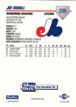 1992 SkyBox Team Sets AA #298 Joe Siddall Back