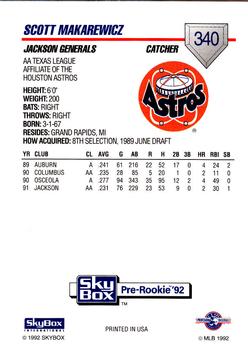 1992 SkyBox Team Sets AA #340 Scott Makarewicz Back