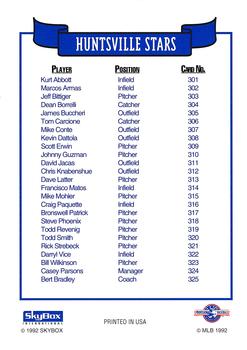 1992 SkyBox Team Sets AA #NNO Huntsville Stars Checklist Back
