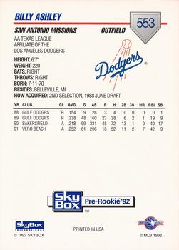1992 SkyBox Team Sets AA #553 Billy Ashley Back