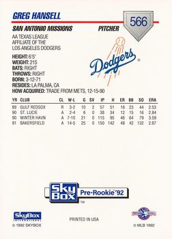 1992 SkyBox Team Sets AA #566 Greg Hansell Back