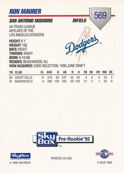 1992 SkyBox Team Sets AA #569 Ron Maurer Back