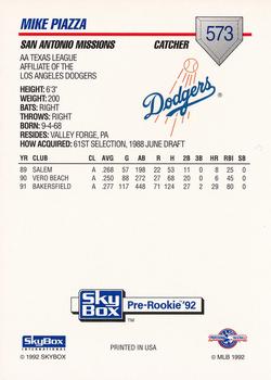 1992 SkyBox Team Sets AA #573 Mike Piazza Back