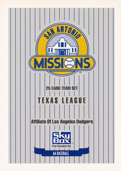 1992 SkyBox Team Sets AA #NNO San Antonio Missions Checklist Front