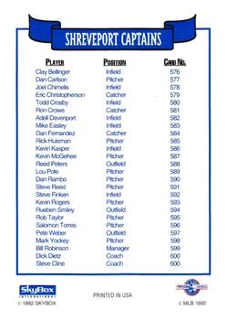 1992 SkyBox Team Sets AA #NNO Shreveport Captains Checklist Back