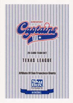1992 SkyBox Team Sets AA #NNO Shreveport Captains Checklist Front