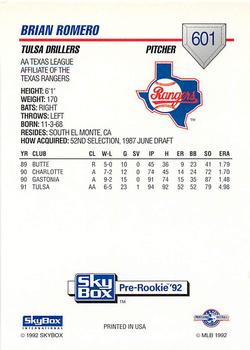 1992 SkyBox Team Sets AA #601 Brian Romero Back