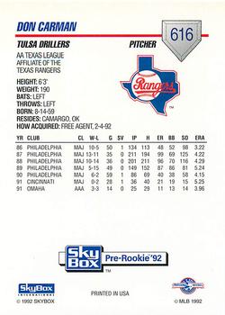1992 SkyBox Team Sets AA #616 Don Carman Back