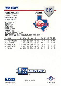 1992 SkyBox Team Sets AA #619 Luke Sable Back