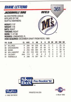 1992 SkyBox Team Sets AA #361 Shane Letterio Back