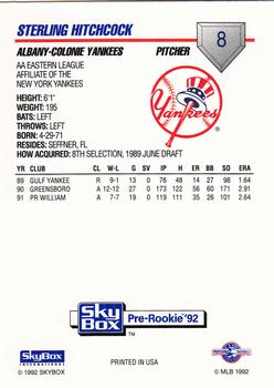 1992 SkyBox Team Sets AA #8 Sterling Hitchcock Back