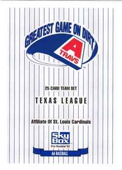 1992 SkyBox Team Sets AA #NNO Arkansas Travelers Checklist Front