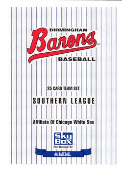 1992 SkyBox Team Sets AA #NNO Birmingham Barons Checklist Front