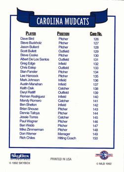 1992 SkyBox Team Sets AA #NNO Carolina Mudcats Checklist Back