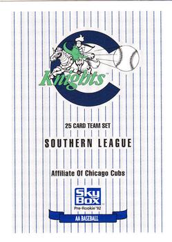 1992 SkyBox Team Sets AA #NNO Charlotte Knights Checklist Front