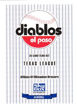 1992 SkyBox Team Sets AA #NNO El Paso Diablos Checklist Front