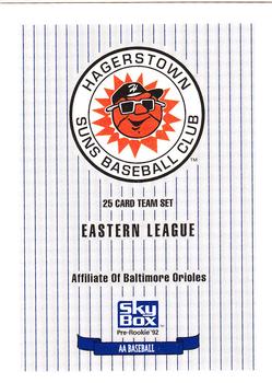 1992 SkyBox Team Sets AA #NNO Hagerstown Suns Checklist Front