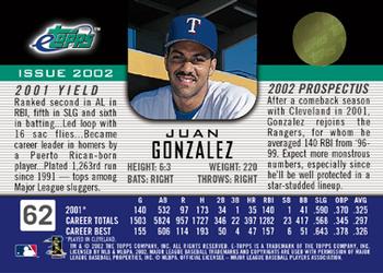 2002 Topps eTopps #62 Juan Gonzalez Back