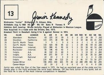 1976 Indianapolis Indians #13 Junior Kennedy Back