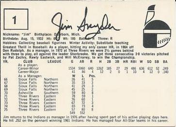 1976 Indianapolis Indians #1 Jim Snyder Back